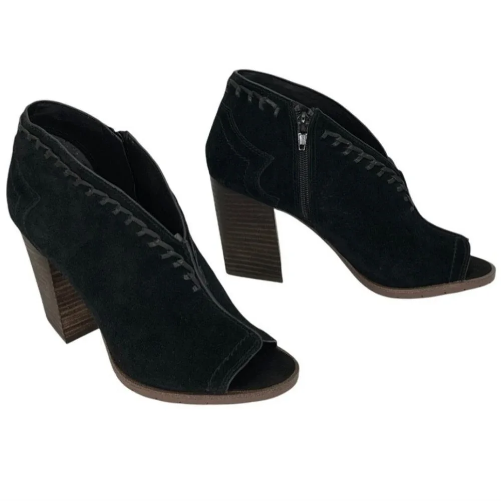 Zodiac Mia Black Suede Leather Peep Toe Block Heel Stitched Booties 10M